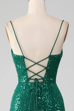 Brilhante verde escuro frisado Sequins longo vestido de baile com fenda