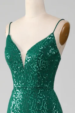 Brilhante verde escuro frisado Sequins longo vestido de baile com fenda