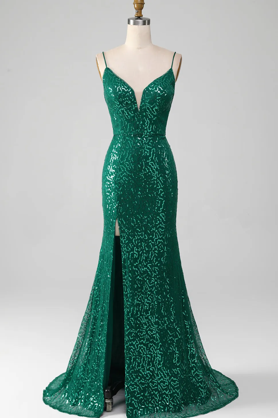 Brilhante verde escuro frisado Sequins longo vestido de baile com fenda