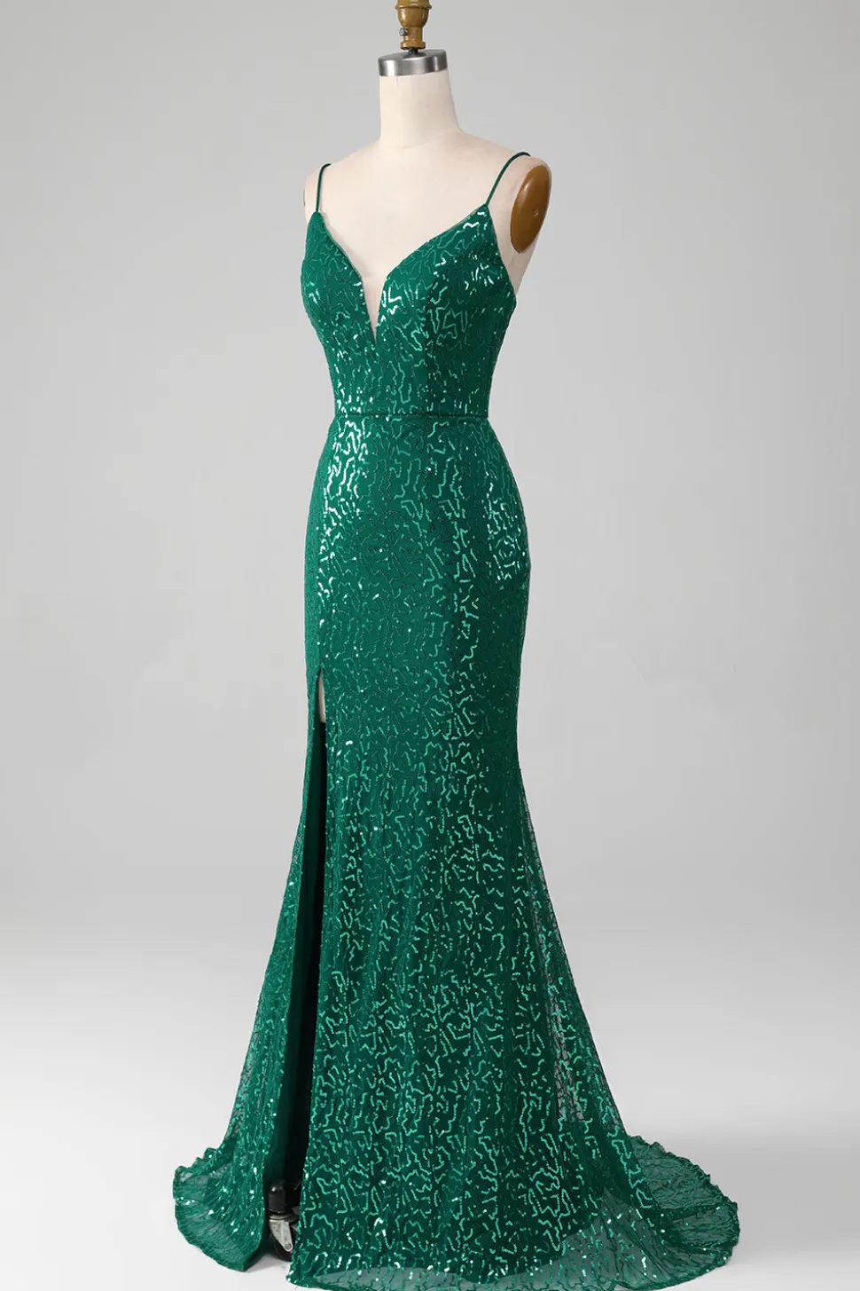 Brilhante verde escuro frisado Sequins longo vestido de baile com fenda