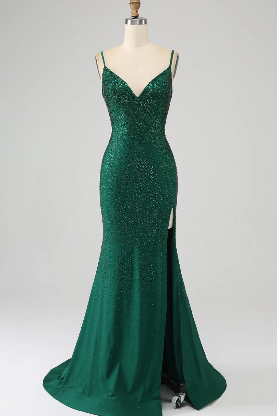 Brilhante verde escuro frisado longo vestido de baile de formatura sereia com fenda