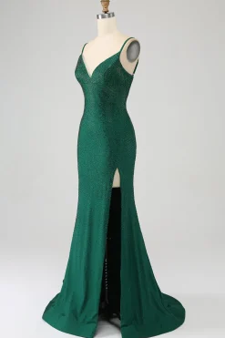 Brilhante verde escuro frisado longo vestido de baile de formatura sereia com fenda
