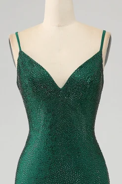 Brilhante verde escuro frisado longo vestido de baile de formatura sereia com fenda