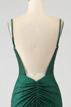 Brilhante verde escuro frisado longo vestido de baile de formatura sereia com fenda
