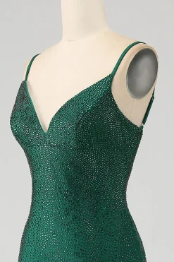 Brilhante verde escuro frisado longo vestido de baile de formatura sereia com fenda