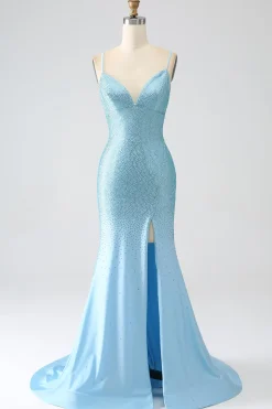 Brilhante verde escuro frisado longo vestido de baile de formatura sereia com fenda