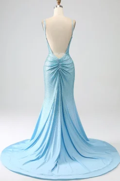 Brilhante verde escuro frisado longo vestido de baile de formatura sereia com fenda