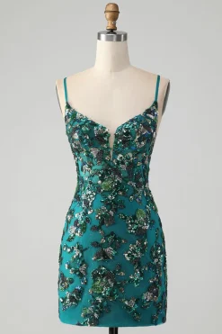 Brilhante verde escuro frisado Sequins Bodycon Homecoming Dress com renda-up para trás