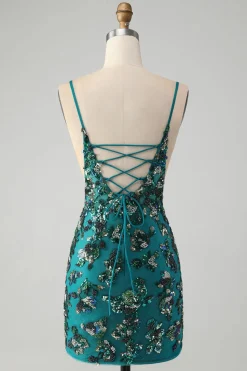 Brilhante verde escuro frisado Sequins Bodycon Homecoming Dress com renda-up para trás