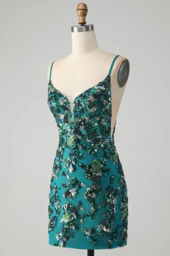 Brilhante verde escuro frisado Sequins Bodycon Homecoming Dress com renda-up para trás