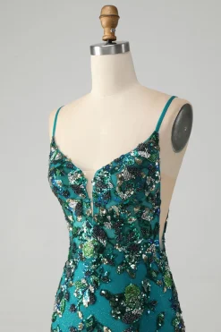 Brilhante verde escuro frisado Sequins Bodycon Homecoming Dress com renda-up para trás