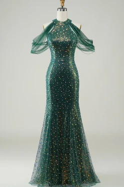 Brilhante verde escuro lantejoulas sereia longo vestido de baile