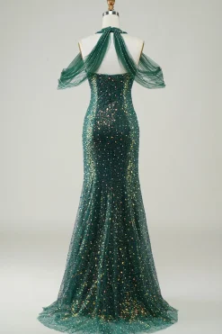 Brilhante verde escuro lantejoulas sereia longo vestido de baile