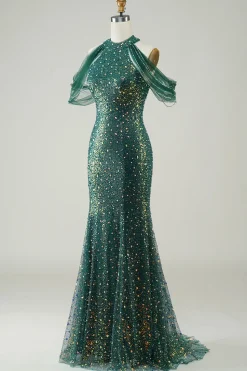 Brilhante verde escuro lantejoulas sereia longo vestido de baile