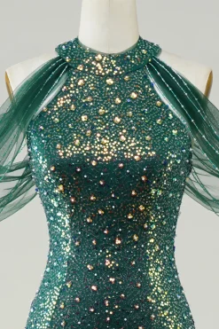 Brilhante verde escuro lantejoulas sereia longo vestido de baile