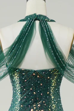Brilhante verde escuro lantejoulas sereia longo vestido de baile