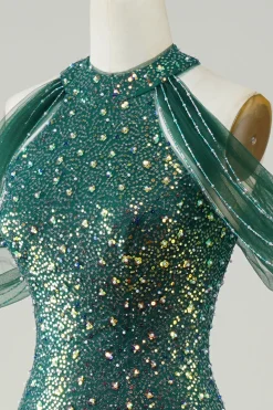 Brilhante verde escuro lantejoulas sereia longo vestido de baile
