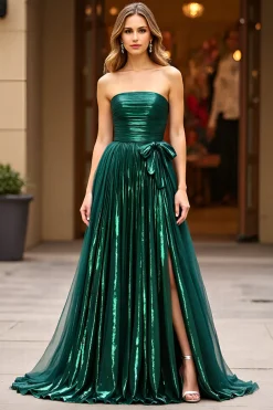 Brilhante Verde Escuro Linha-A Sem Alças Longo Vestido De Baile com Fenda