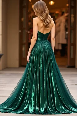 Brilhante Verde Escuro Linha-A Sem Alças Longo Vestido De Baile com Fenda