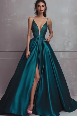 Brilhante Verde Escuro Linha-A Cetim Longo Vestido De Baile com Fenda