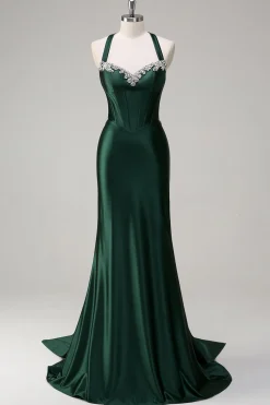 Brilhante Verde Escuro Sereia Halter Corset Vestido de Baile de Lantejoulas