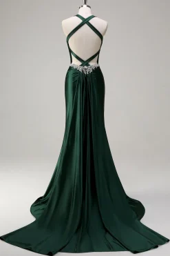 Brilhante Verde Escuro Sereia Halter Corset Vestido de Baile de Lantejoulas