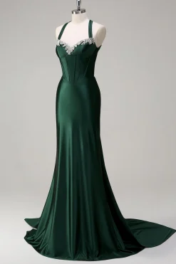 Brilhante Verde Escuro Sereia Halter Corset Vestido de Baile de Lantejoulas