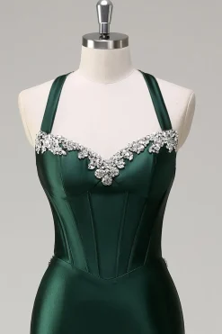 Brilhante Verde Escuro Sereia Halter Corset Vestido de Baile de Lantejoulas