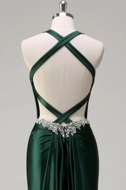 Brilhante Verde Escuro Sereia Halter Corset Vestido de Baile de Lantejoulas