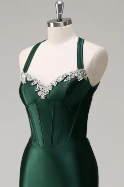 Brilhante Verde Escuro Sereia Halter Corset Vestido de Baile de Lantejoulas