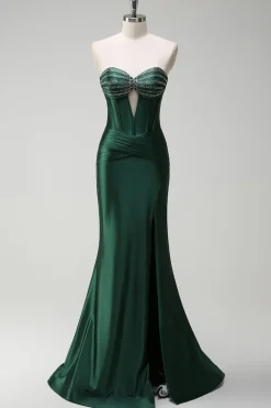 Brilhante verde escuro sereia espartilho espartilho cetim longo vestido de baile com fenda