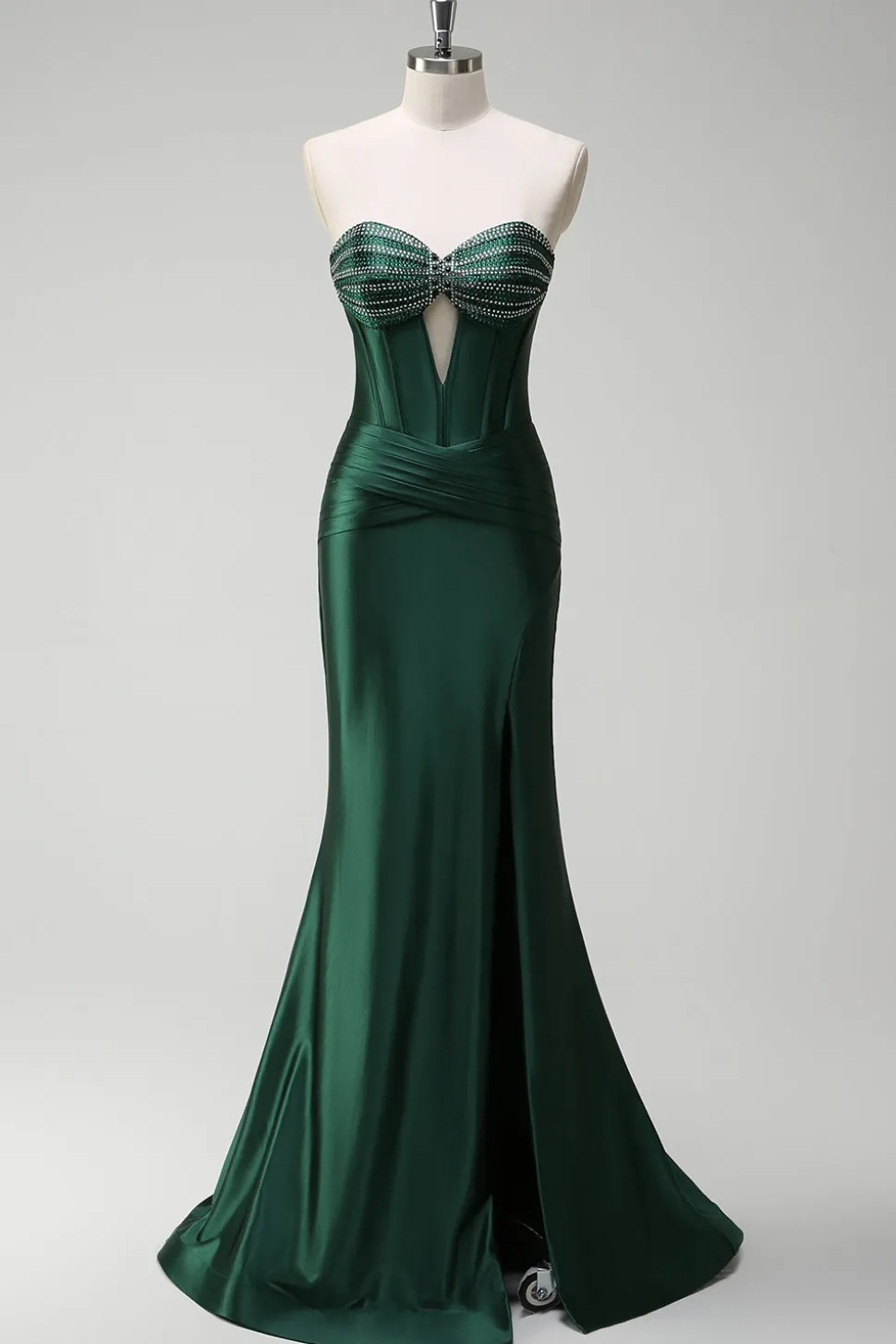 Brilhante verde escuro sereia espartilho espartilho cetim longo vestido de baile com fenda