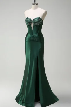 Brilhante verde escuro sereia espartilho espartilho cetim longo vestido de baile com fenda