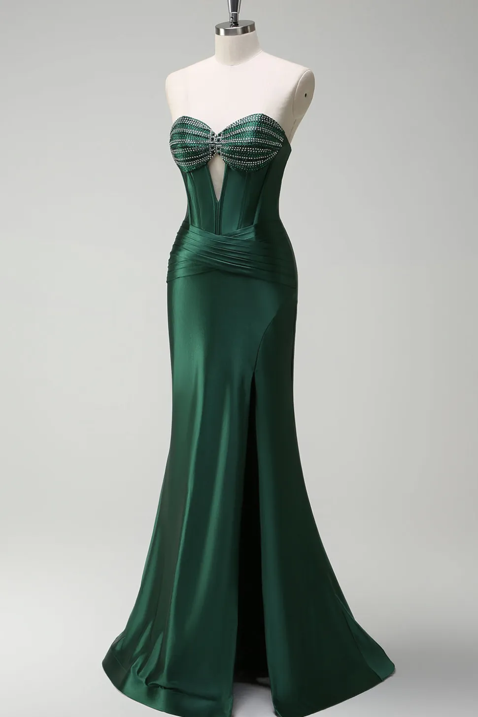 Brilhante verde escuro sereia espartilho espartilho cetim longo vestido de baile com fenda