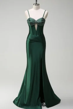 Brilhante verde escuro sereia espartilho espartilho cetim longo vestido de baile com fenda