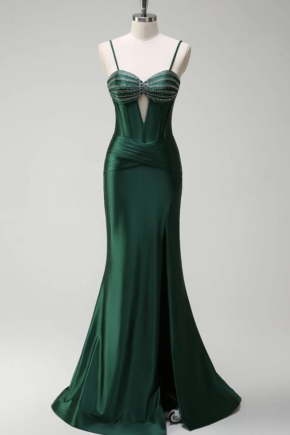 Brilhante verde escuro sereia espartilho espartilho cetim longo vestido de baile com fenda