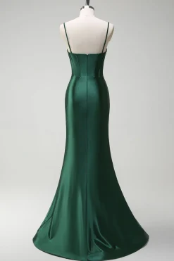 Brilhante verde escuro sereia espartilho espartilho cetim longo vestido de baile com fenda