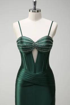 Brilhante verde escuro sereia espartilho espartilho cetim longo vestido de baile com fenda