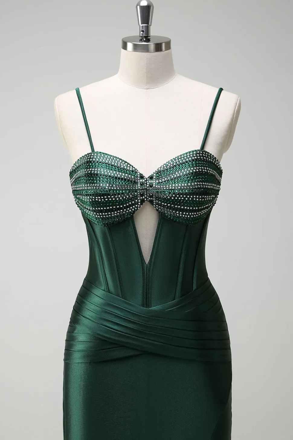 Brilhante verde escuro sereia espartilho espartilho cetim longo vestido de baile com fenda