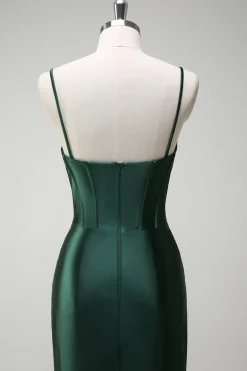 Brilhante verde escuro sereia espartilho espartilho cetim longo vestido de baile com fenda
