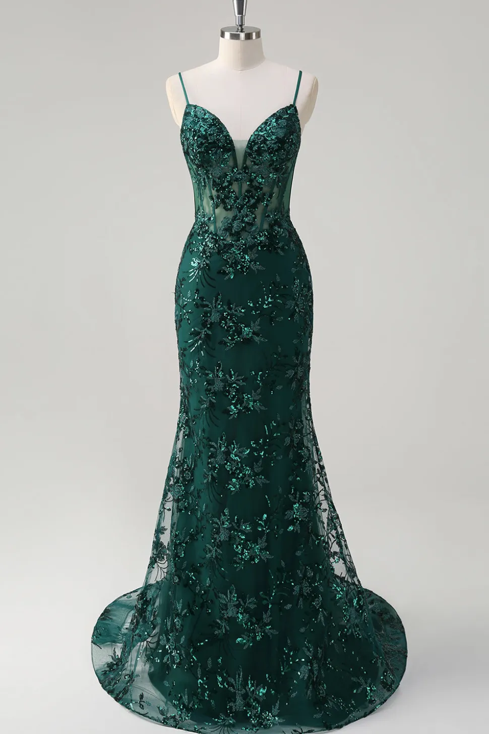 Brilhante Verde Escuro Sereia Esparguete Correias Corset Sequined Bordado Tulle Long Prom Dress
