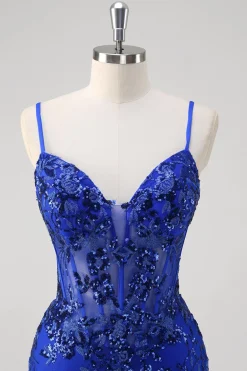 Brilhante Verde Escuro Sereia Esparguete Correias Corset Sequined Bordado Tulle Long Prom Dress