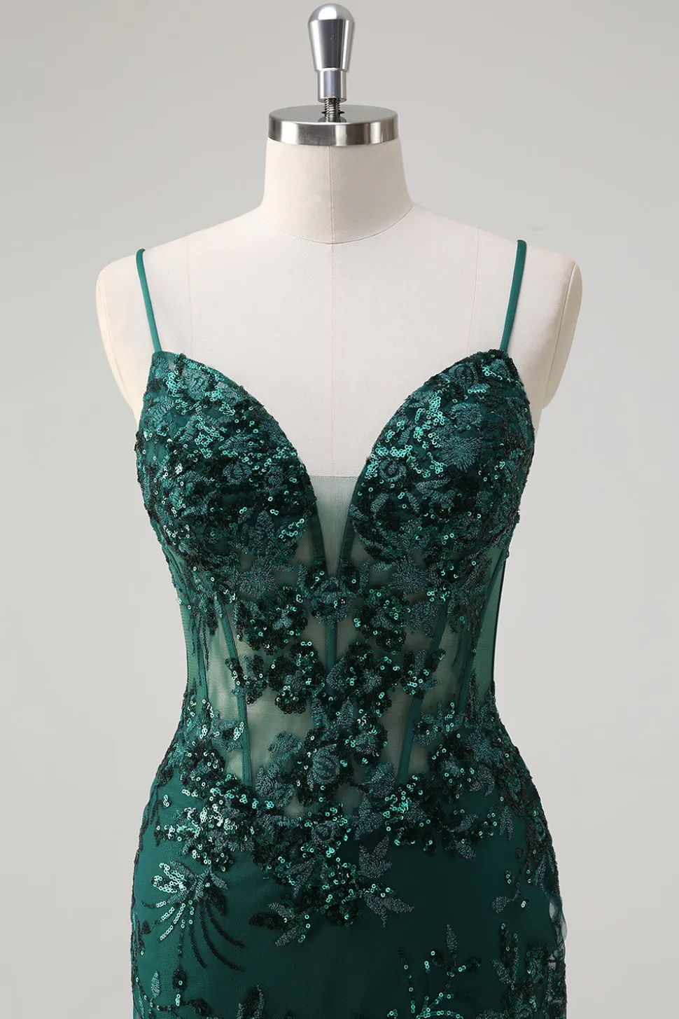 Brilhante Verde Escuro Sereia Esparguete Correias Corset Sequined Bordado Tulle Long Prom Dress