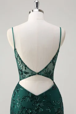 Brilhante Verde Escuro Sereia Esparguete Correias Corset Sequined Bordado Tulle Long Prom Dress
