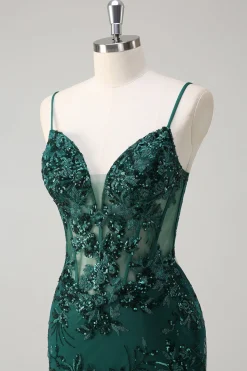 Brilhante Verde Escuro Sereia Esparguete Correias Corset Sequined Bordado Tulle Long Prom Dress