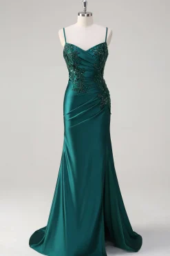 Brilhante verde escuro sereia espaguete alças vestido de baile