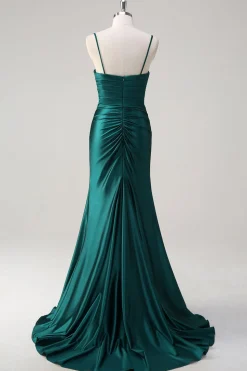 Brilhante verde escuro sereia espaguete alças vestido de baile
