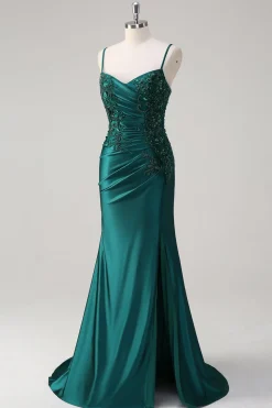 Brilhante verde escuro sereia espaguete alças vestido de baile