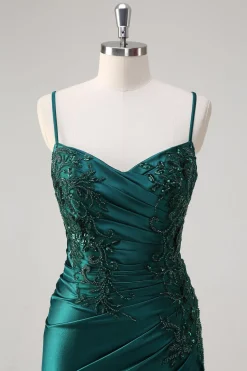 Brilhante verde escuro sereia espaguete alças vestido de baile