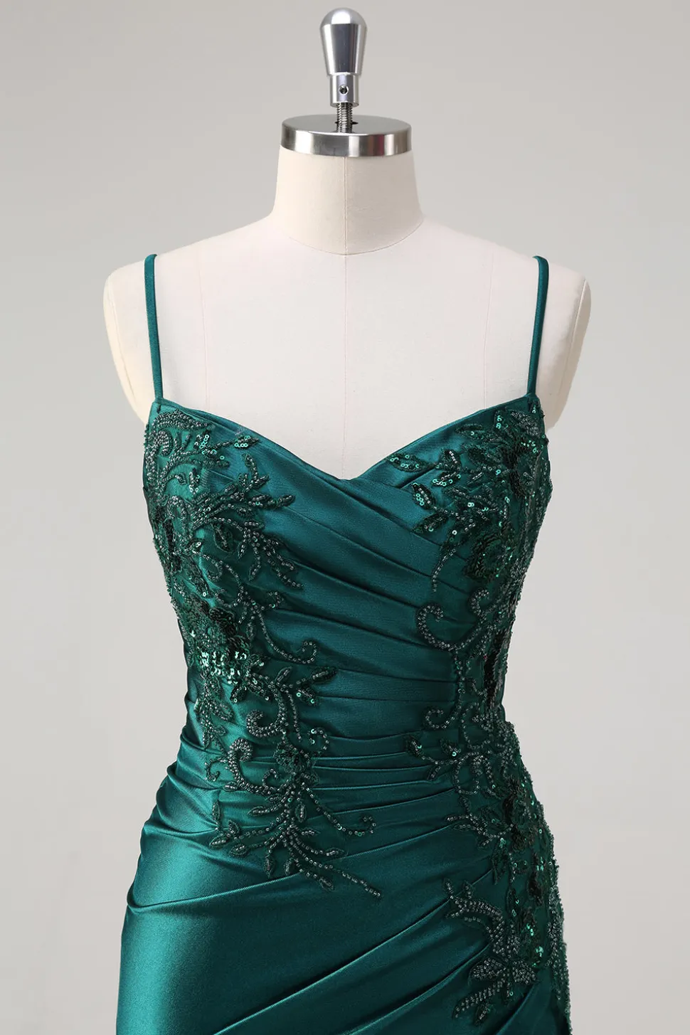 Brilhante verde escuro sereia espaguete alças vestido de baile